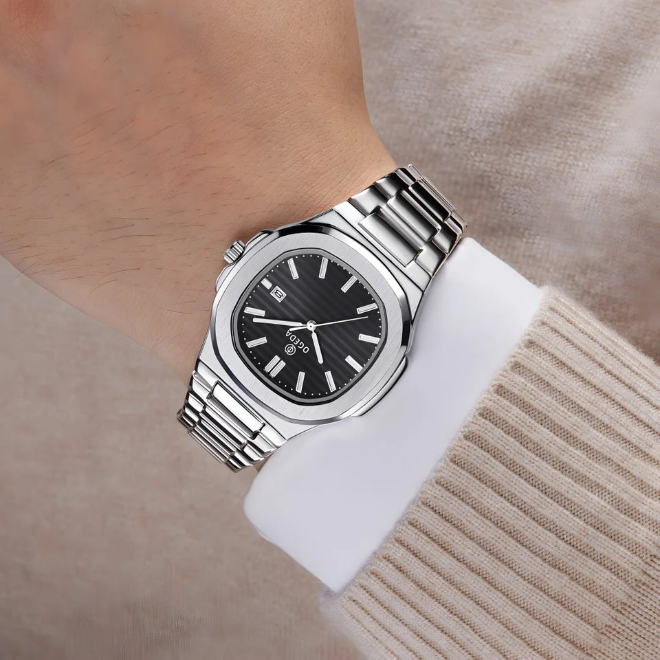 OGEDA 2024 new 40MM square men's quartz watch glass stainless steel waterproof 3Bar luminous C3 reloj hombre watches for men