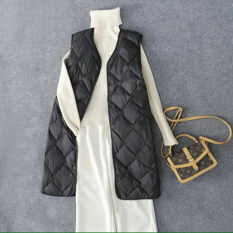 New Arrivals Korean X-long Sleeveless Puffer Jacket 2025 Autumn Winter Women Fashion Ultra Light Down Liner Warm Coats 3xl