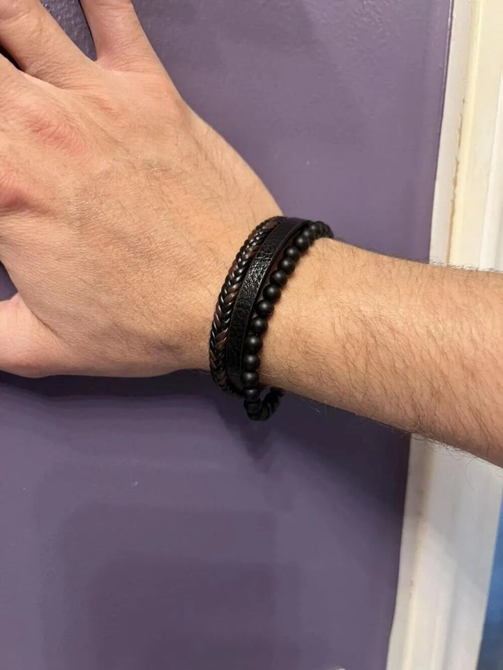 Men Classic Fashion High Quality Leather Bracelet Obsidian Beaded Multi Layer Leather Bracelet For Men Jewelry Gift