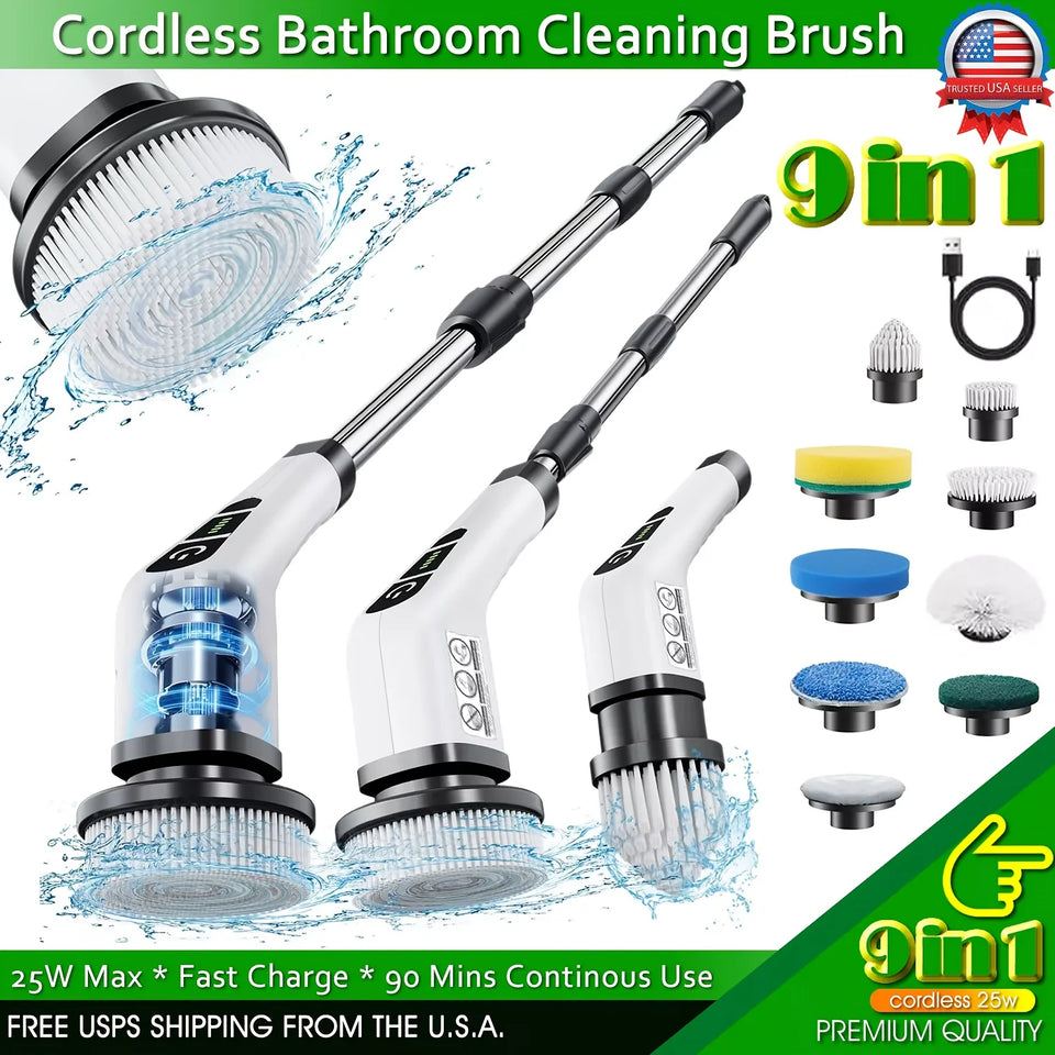 Electric Spin Scrubber 9-in-1 Cordless Rechargeable with 9 Brush Heads, Multipurpose Cleaner for Bathroom Kitchen Floor