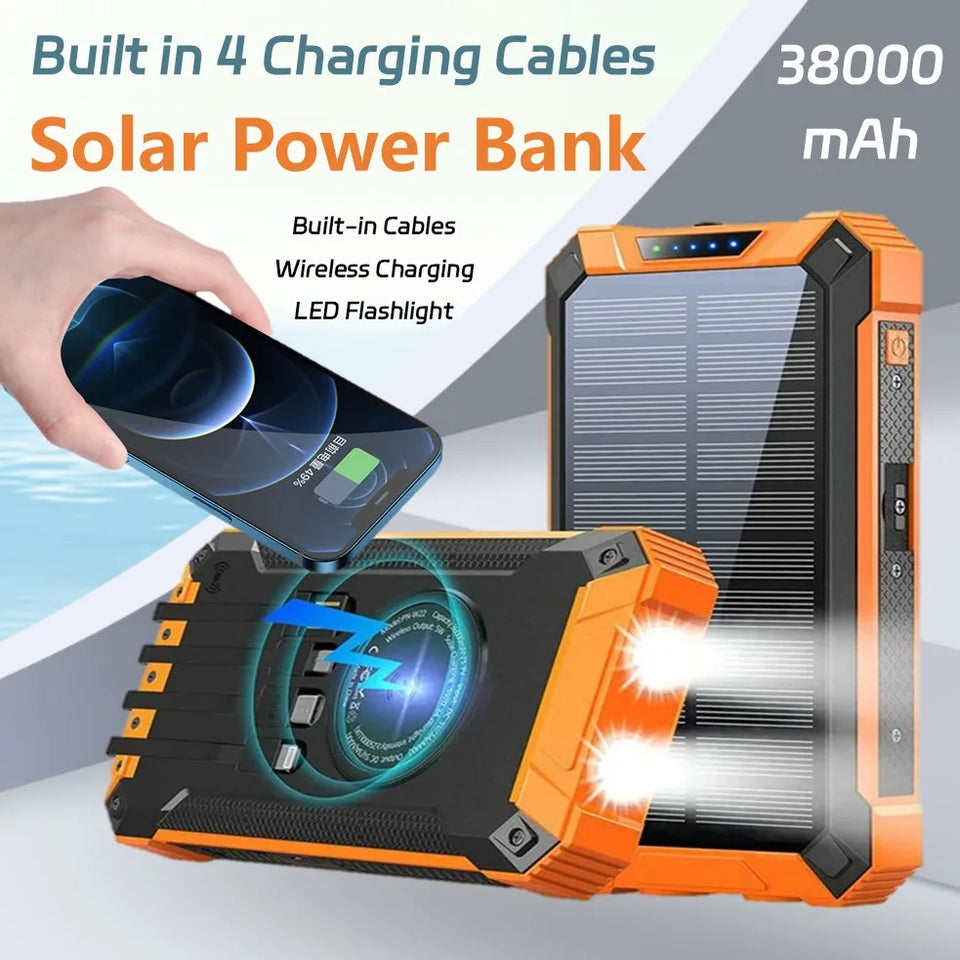 Long-lasting Solar Power Bank, Portable Solar External Battery Pack Built-in Cables, Portable Wireless Charger with Solar Panel