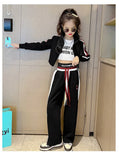 Spring Autumn Girl Striped Cropped Full Zip Sweatshirt+Loose Drawstring Sweatpant Set School Kids Tracksuit Child Outfit 3-16Yrs