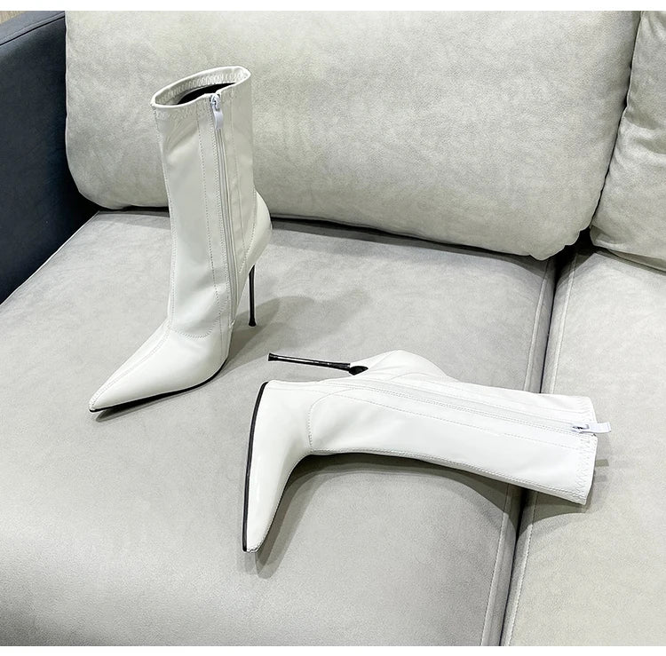 Knee-High Modern Boots Pointy Toe Women Shoes 13cm Ultra Thin Steel High Heels Metal Heel Calf Boots for Women Fun Shoes Size 46