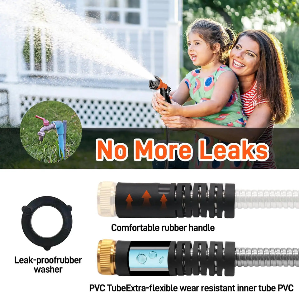 Garden Hose Stainless Steel Water Hose with 10 Functions Adjustable Spray Nozzle Heavy-Duty Metal Garden Hose for Yard Lawn