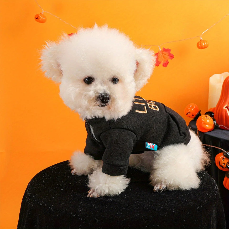 Black Cloth Halloween Sweater Pet Clothes Dog Cat Black Halloween Handsome Funny English Embroidery Traction Open Button Jacket