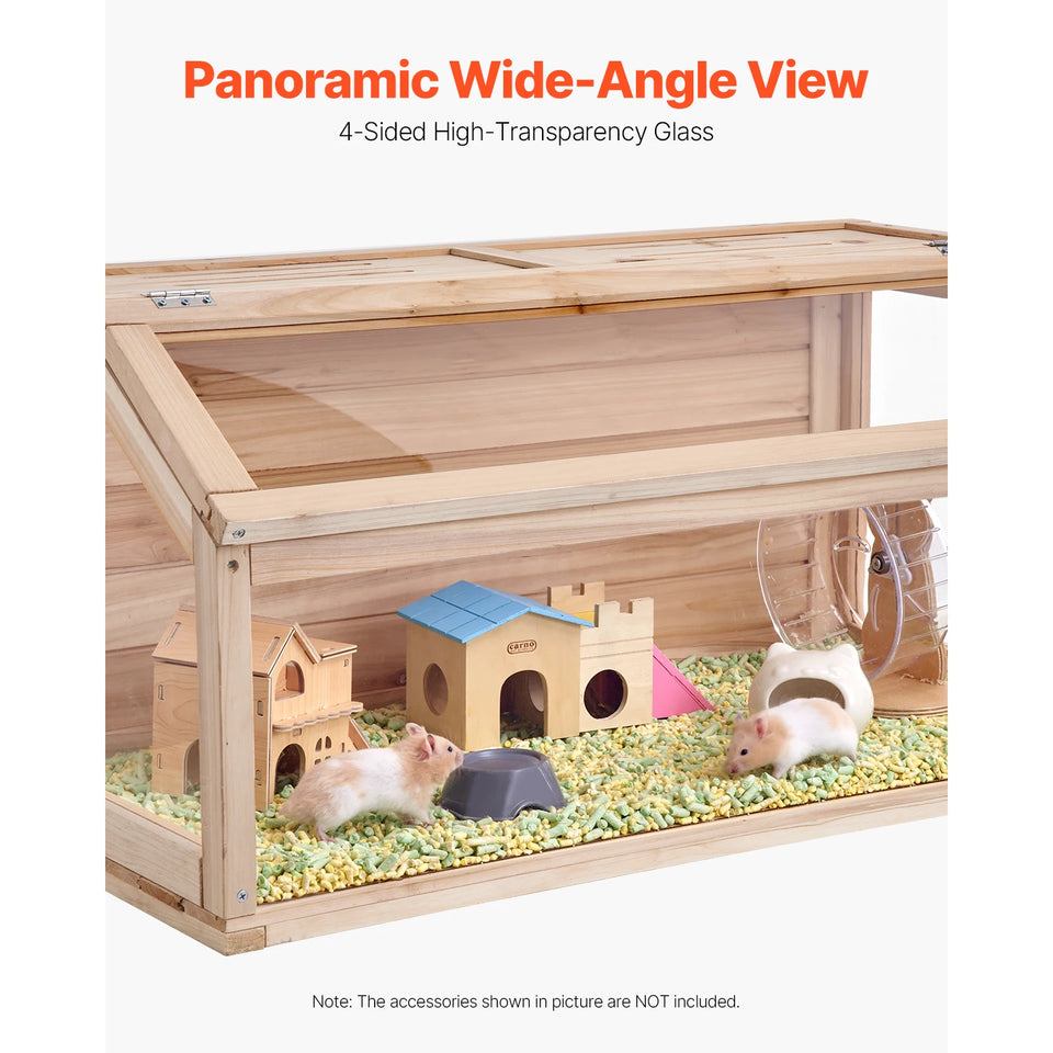SucceBuy Wooden Hamster Cage 270° Viewing Hamster Habitat Hamster Cage with Openable Top Ventilated Animal Cage for Gerbils Mice