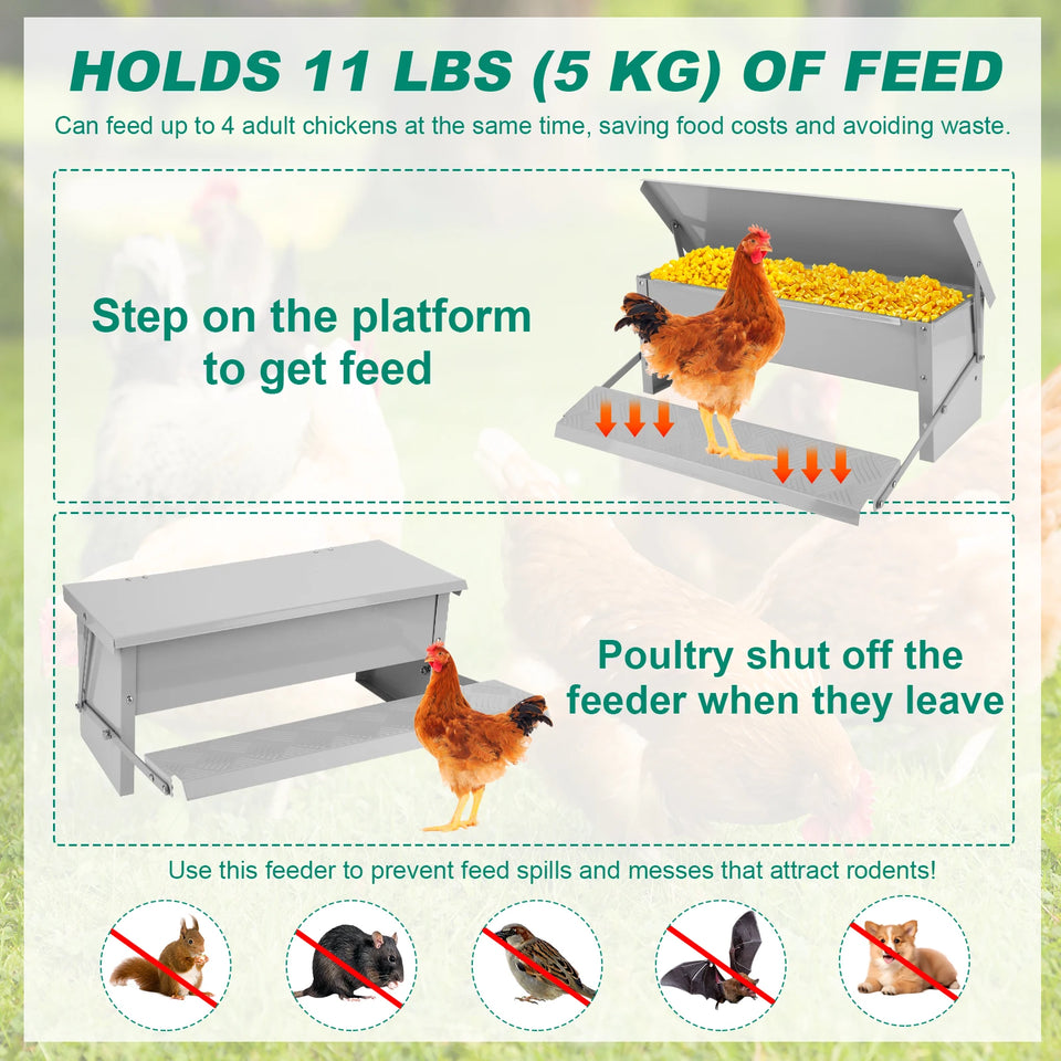 Treadle Chicken Feeder with Weatherproof Lid Rat Proof Chicken Feeder Metal Chicken Feeder for Chickens Ducks and Geese