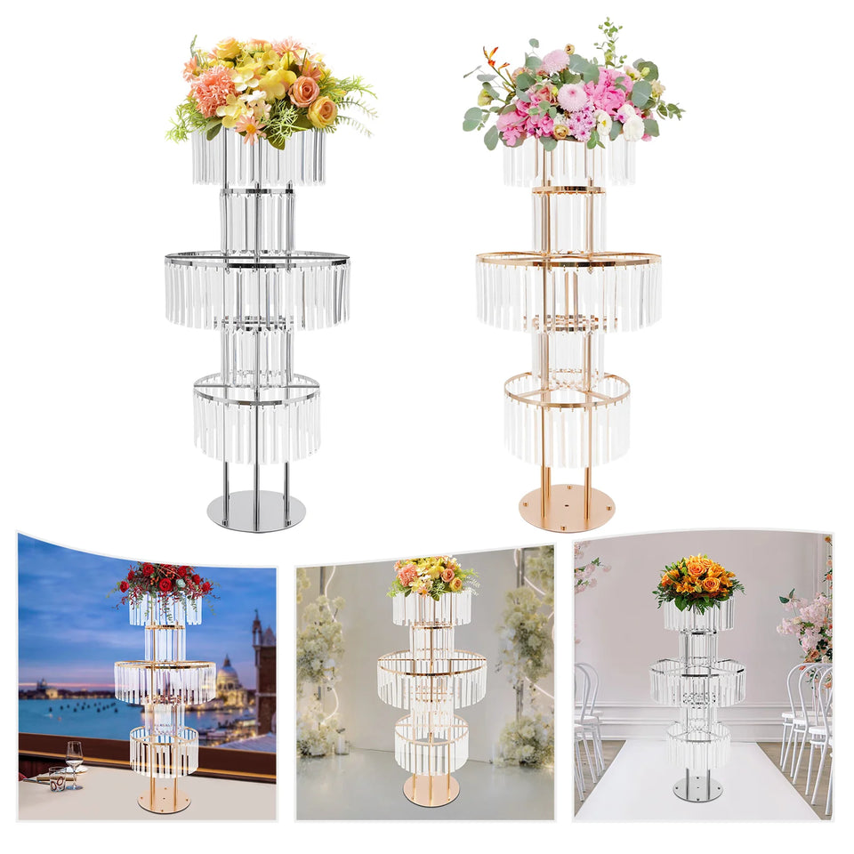 5 Tiers Gold/Silver Wedding Centerpieces Flower Stand Vase Centerpiece Acrylic Flower Stand with Hanging Acrylic
