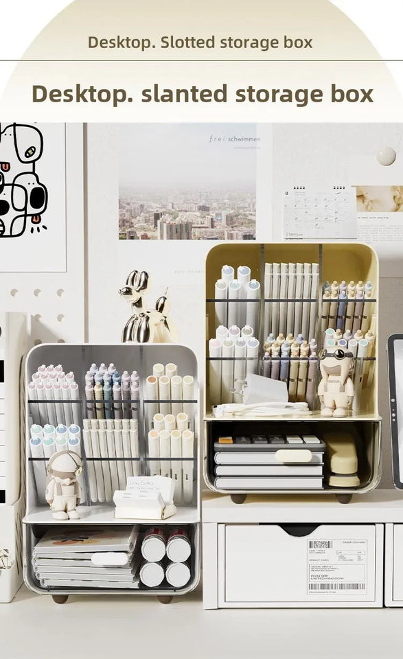 Angle Insertion Desk Pen Holder, Desktop Storage Box for Office Supplies & Cosmetics, Multifunctional Organizer Rack