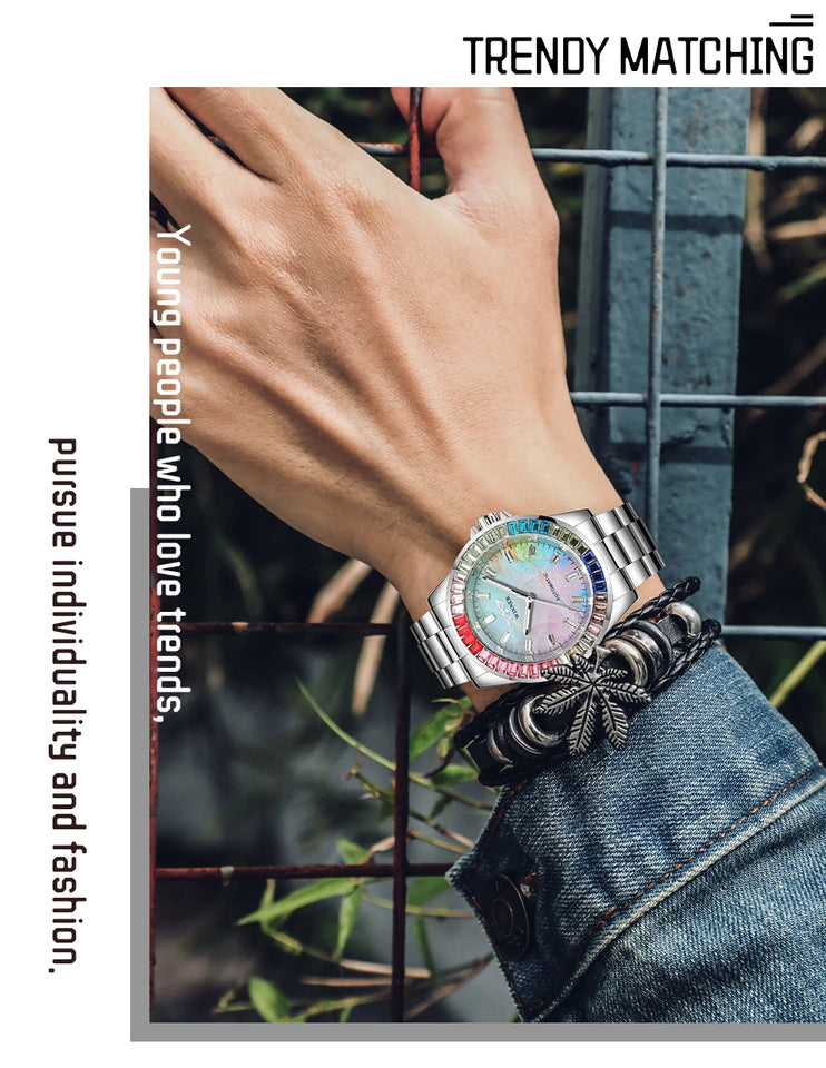 2024WINNER Original Colored Diamonds Mechanical Waterproof Men's Watch Automatic Movement Stainless Steel Luxury Watches