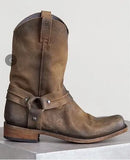 Retro Cowboy Boots Women Men Mid Calf Outdoor Boots Vintage PU Slip on Shoes Winter Gladiator Booties Unisex Brown Long Boots
