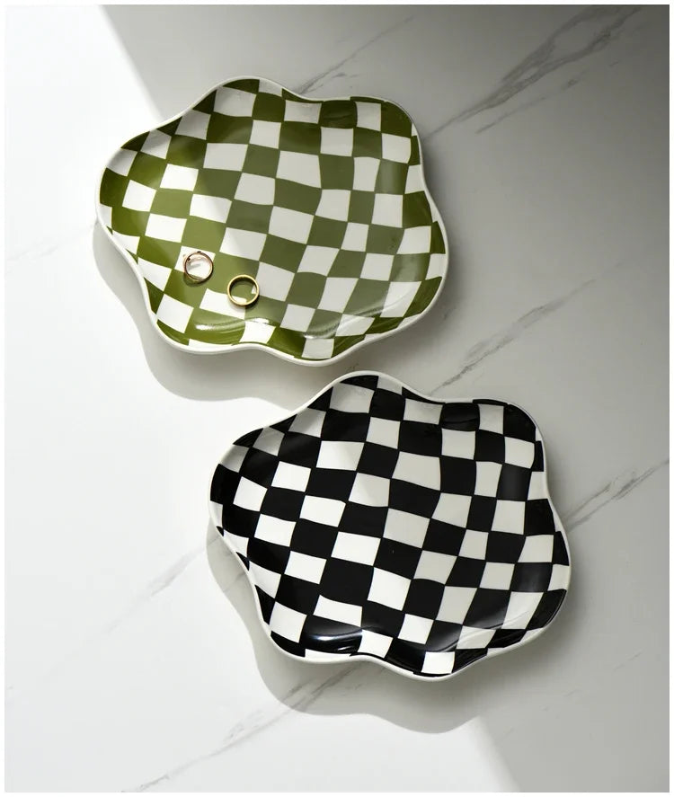Ceramic Tray Checkerboard Jewelry Storage Plate Ring Earing Dessert Plate Home Decoration Retro Desk Organizer Kitchen Tableware