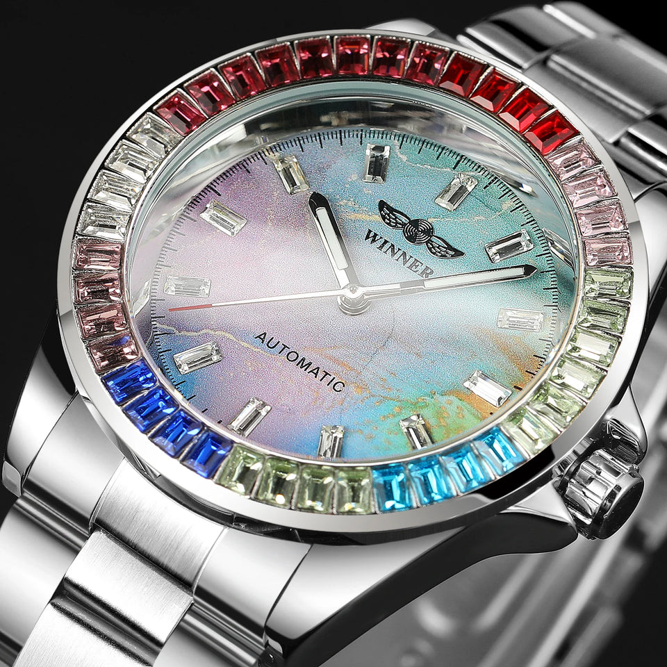 2024WINNER Original Colored Diamonds Mechanical Waterproof Men's Watch Automatic Movement Stainless Steel Luxury Watches