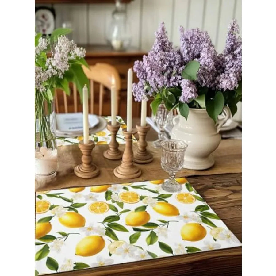 Table Placemats Set of 4 Country Watercolor Lemon Leaf Wipeable Place Mats for Dining Tables Summer White Wildflower Washable T
