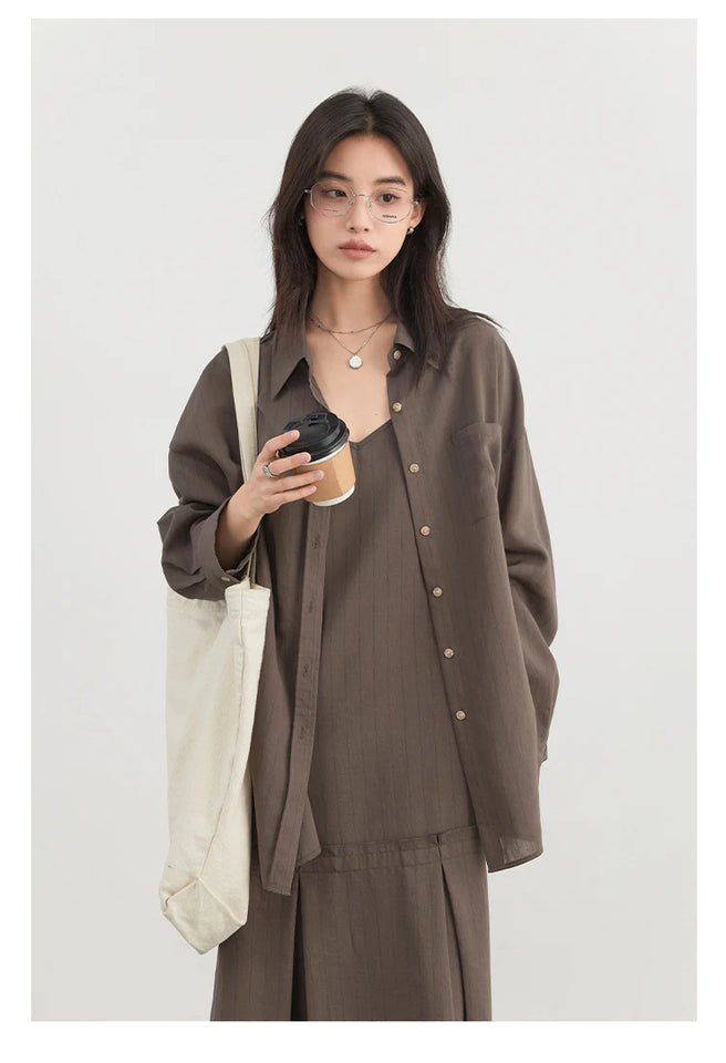 CHIC VEN Women Dress Sets Stripe Shirt Loose Casual Long Sleeve Sunscreen Blouses Camisole V-neck Dresses Spring Autumn 2025