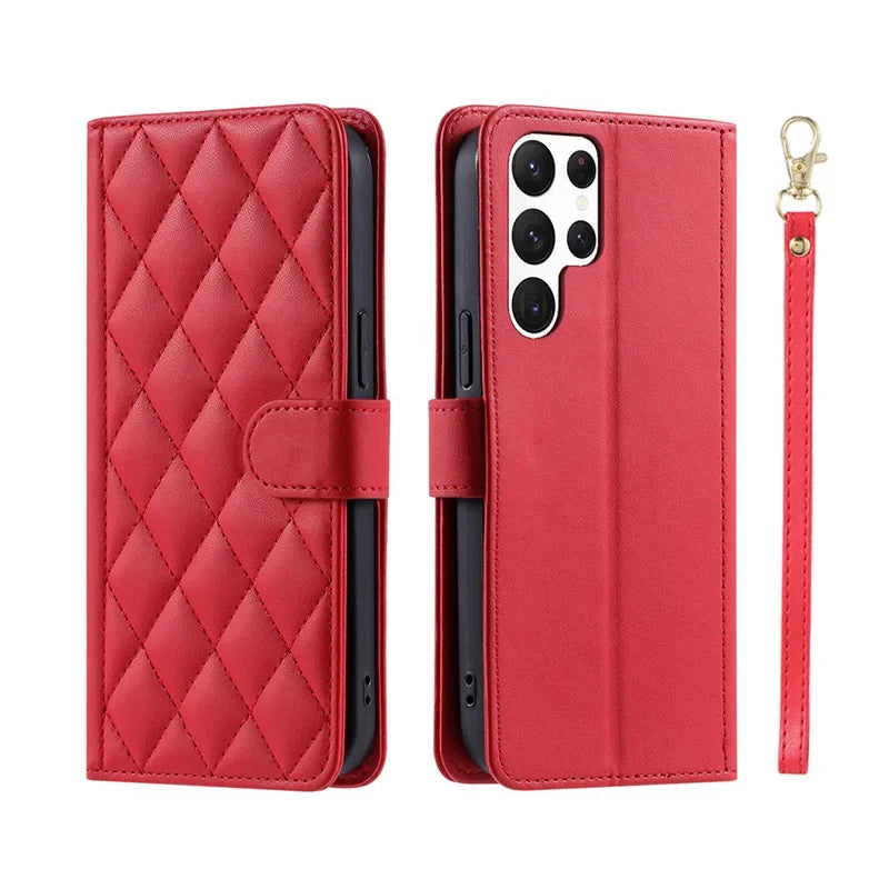 Crossbody Checkered Leather Wallet Case For Samsung Galaxy S24 Ultra S23 Plus S22 S21 FE A55 A25 A35 A15 Lanyard Flip Bag Cover