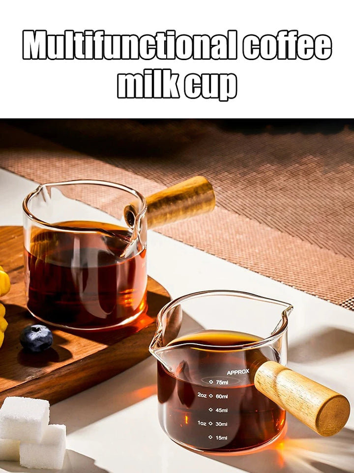 1 Piece 75ml Double Mouth Milk Cup With Side Wooden Handle Clear Glass Coffee Cup, Suitable For Home Espresso, Milk Production