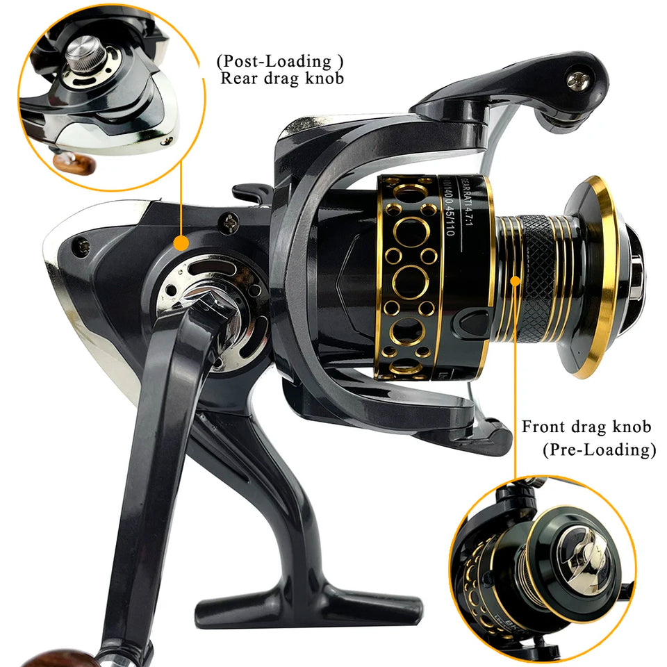Spinning Fishing Reel 2000-7000 All Metal Spool 8-10KG Power Hard Gear Light & Tough Body Smooth Long Casting Coil
