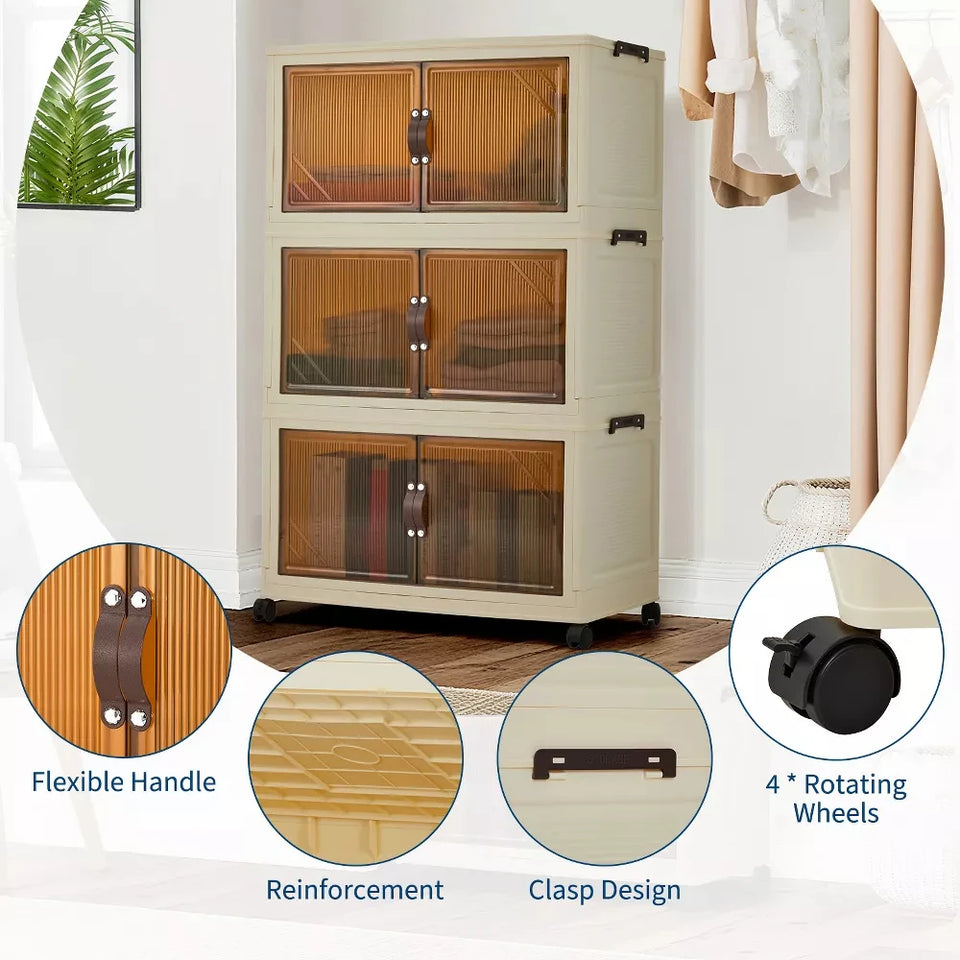 3/4/5-Tier Foldable Storage Cabinet with Lids & Wheels, Stackable Plastic Organizer for Closet, Bedroom, Office & Kitchen