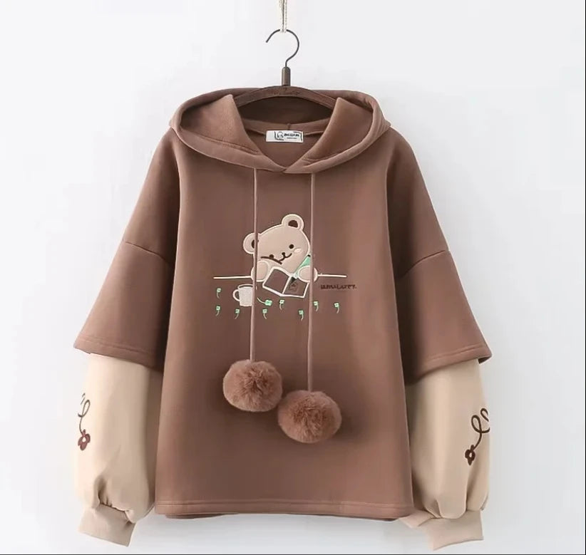 Harajuku Funny Women Hoodies 100% Cotton Winter Plus Fleece Cute Pink Anime Sweatshirt Teen Girl Kawaii Long Sleeve Y2K Hoodie