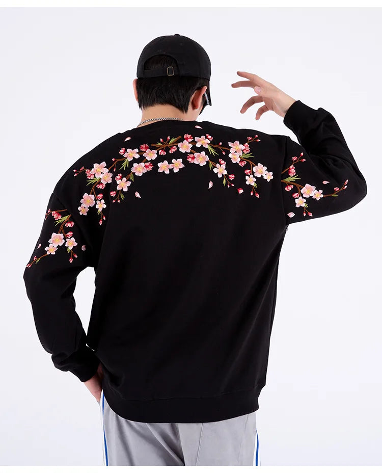 Floral Embroidery Unisex Pullovers Sweatshirt For Men Loose Fit Autumn Quality Cotton Fashion Casual Oversized Luxury Pull Homme