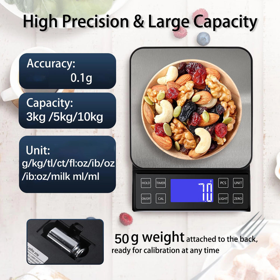 Digital Kitchen Scale 0.1g High Precision 3kg/5kg/10kg Home Waterproof Stainless Steel Electronic Balance Food Weighing Scale
