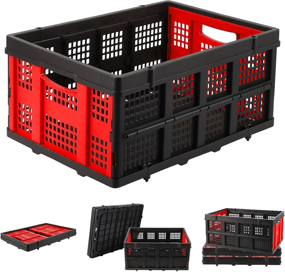 55L Heavy-Duty Collapsible Plastic Crate Foldable Storage Basket with Side Handles, Stackable Design for Food Drinks Books Tools