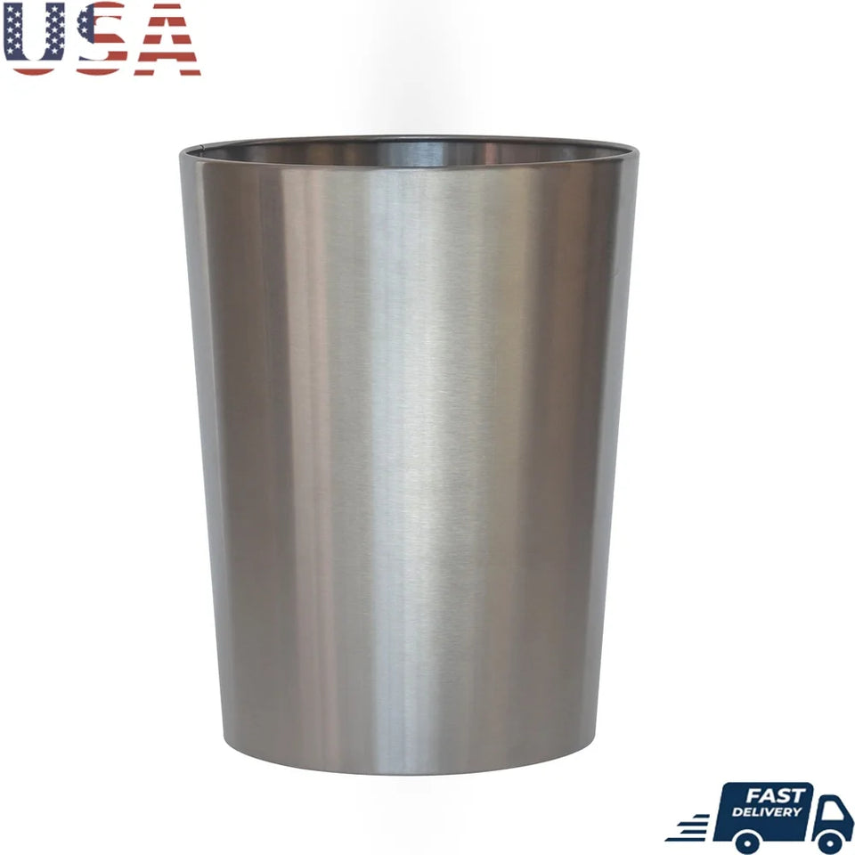 Brushed Nickel Metal Wastebasket 2.2 Gal Durable Open Top Trash Can Decorative Silver Trash Bin Bathroom Indoor Use