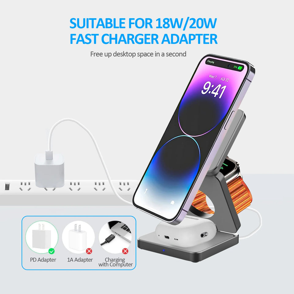 3 In 1 Foldable Magnetic Wireless Charger Stand For iPhone 16 15 14 13 Pro/Max/Plus AirPods 3/2 Station Dock Fast Charger Holder