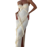 Fashion Patchwork Lace Bag Strap Tops Strapless Women's Beige White Dress Summer Elegant Sexy Nightclub Slit Low Breasts Dresses