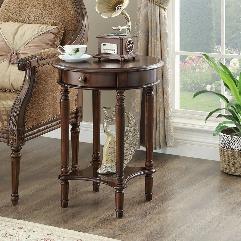 Solid Wood Sofa Side Table American Living Room round Desk European-Style Coffee Surface Casual Telephone Shelf for Entryway