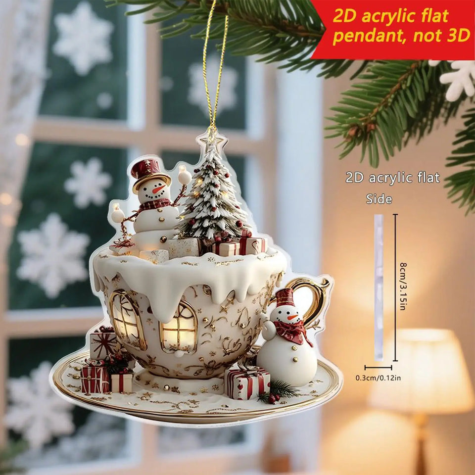 2D Acrylic Christmas Tree Pendant Ornaments Coffee Cup House Shape Decorative For Car Mirror Hanging 2025 Xmas Naviadad Party