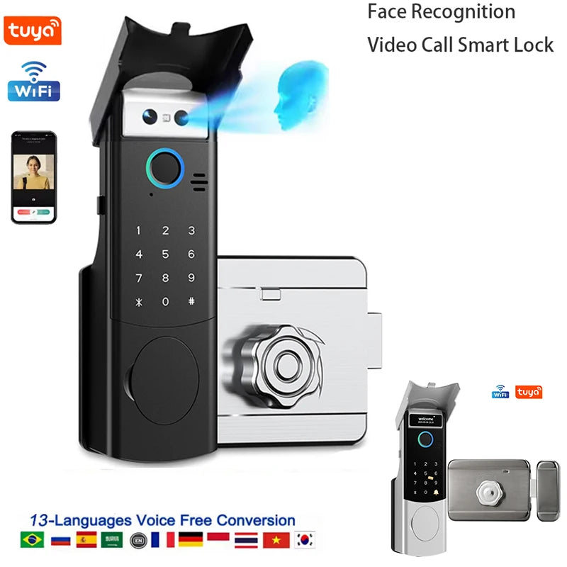 Outdoor Waterproof Smart Tuya Wifi Lock 3D Face Recognition Digital Code Keyless App Fingerprint Lock With Rechargeable Battery