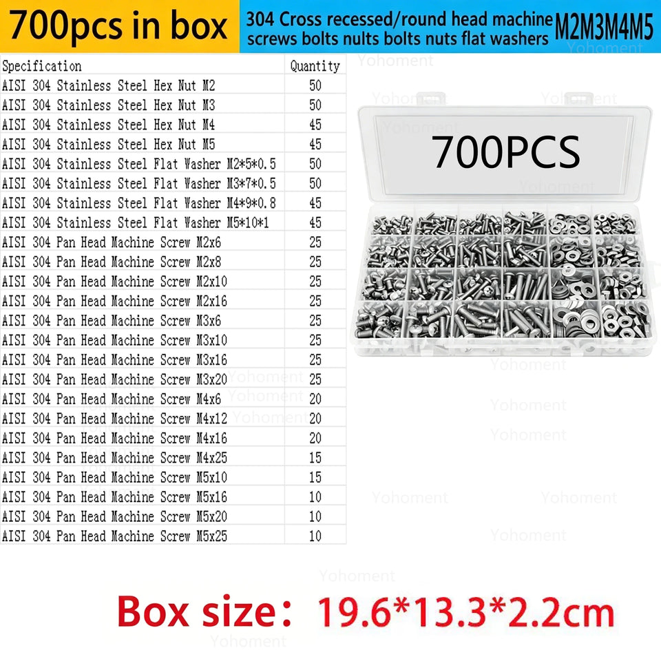 Stainless Steel Metric Screw and Nut Hex Assortment Tool Kit, M2 M2.5 M3 M4 M5 Sizes Fasteners Hardware Bolt Sets 320/700Pcs