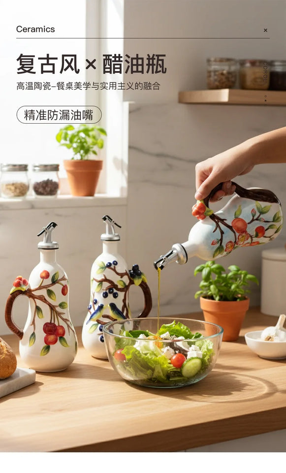 Hand-Painted Ceramic Seasoning Bottle Bird Flower Fruit Soy Sauce Vinegar Oil Bottle Coffee Table Wine Cabinet Decoration