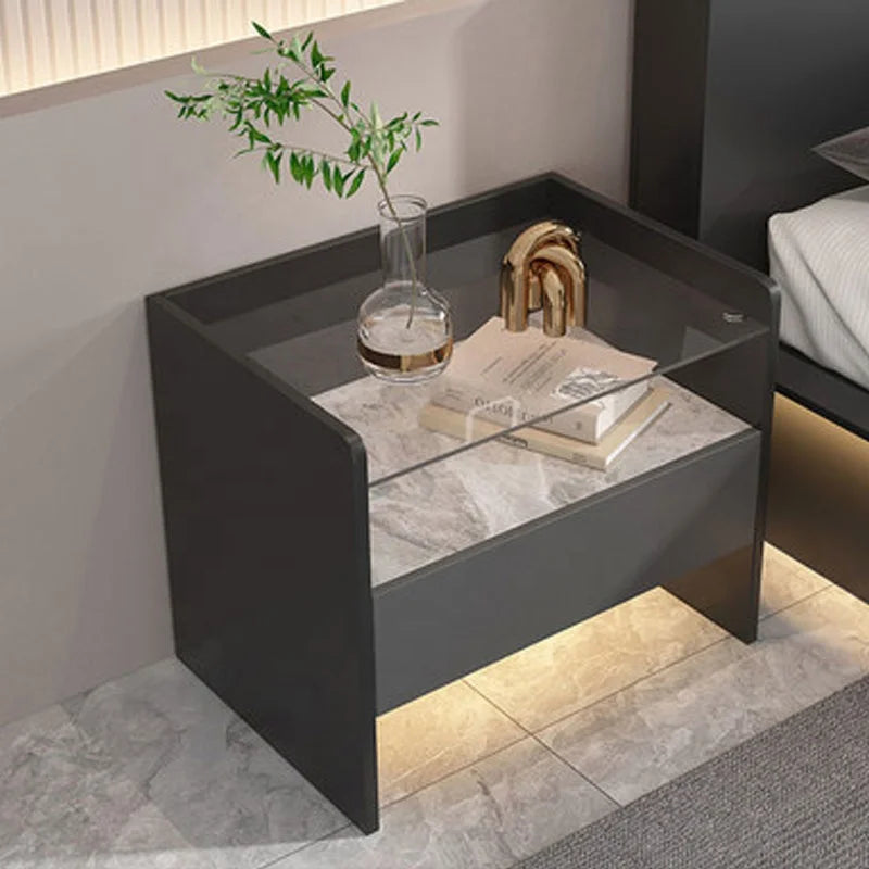 Modern Simple Bedroom Furniture Wooden Glass Bedside Table Storage Side Cabinet