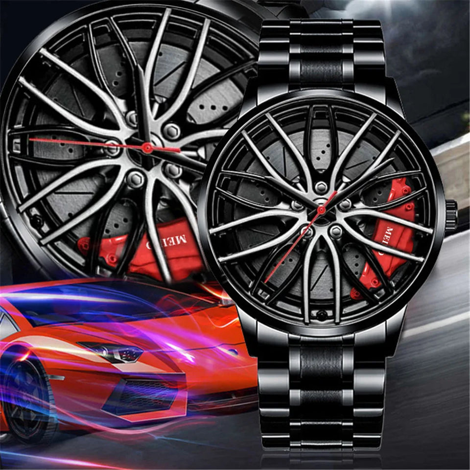 New Top Men Stainless Steel Watches Mens Car Wheel Hub Leather Quartz Watch For Male Military Sport Watch Relogio Masculino Hot