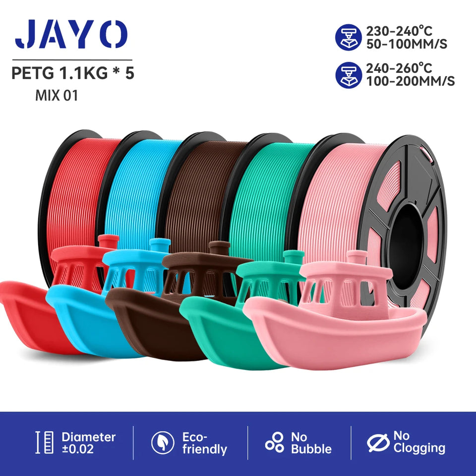 JAYO filaments petg 5Rolls Mixed colors 3D Printer Filament 1.75mm 100% No Bubble FDM 3D Printer Materials DIY Gift 1.1KG/1rolls
