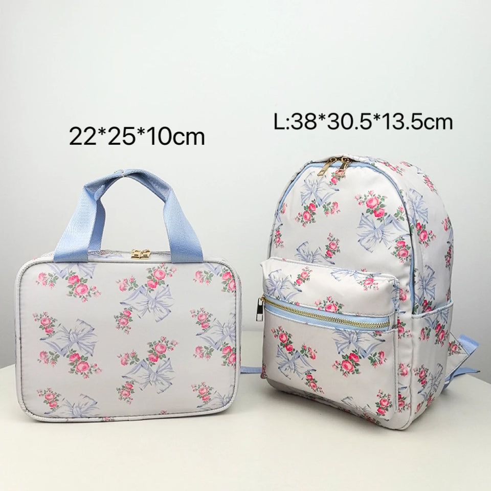 2PCS/SET Trendy Flower Bow Printing School Bag Lunch Bag Large Capacity Nylon Backpack Cute Students Insulation Ice Bento Box