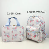 2PCS/SET Trendy Flower Bow Printing School Bag Lunch Bag Large Capacity Nylon Backpack Cute Students Insulation Ice Bento Box