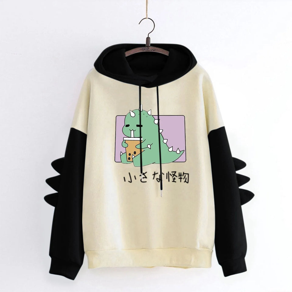 Winter Cute Dinosaur Cartoon Hoodie Women Fashion Sweatshirt Casual Print Long Sleeve Korean Style Splice Tops Kawaii Clothes
