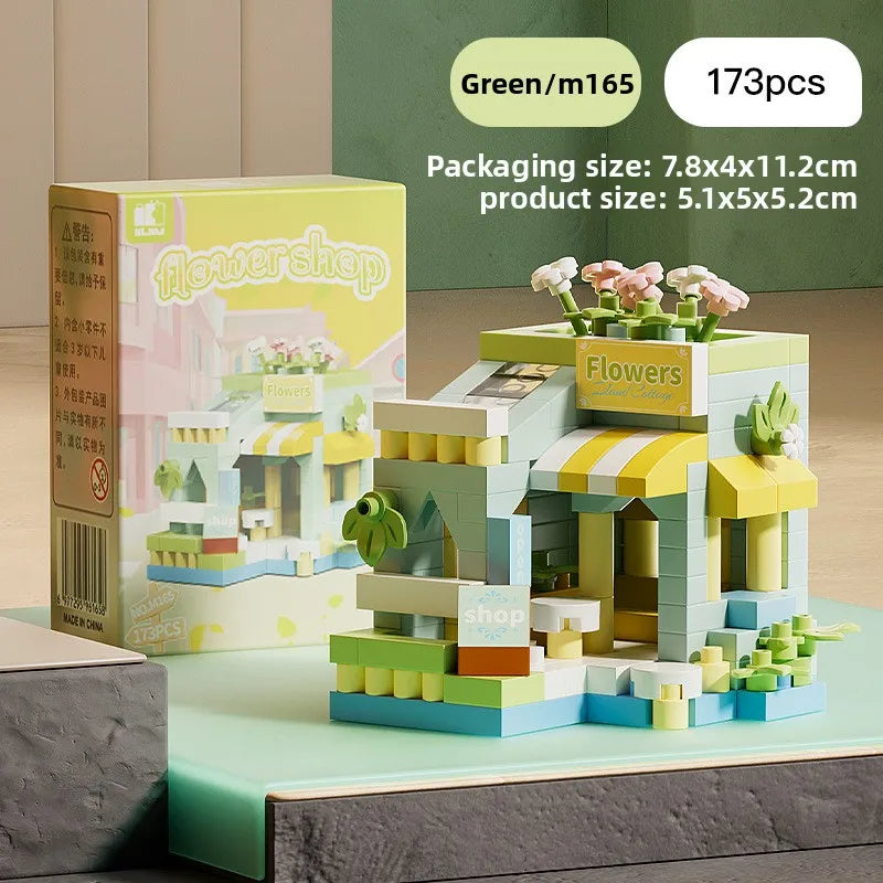 Coffee Ice Cream Flower Shop Store Street View Food House Building Blocks Kit Girls Bricks Model Kids Toy Mini Assembly Bricks