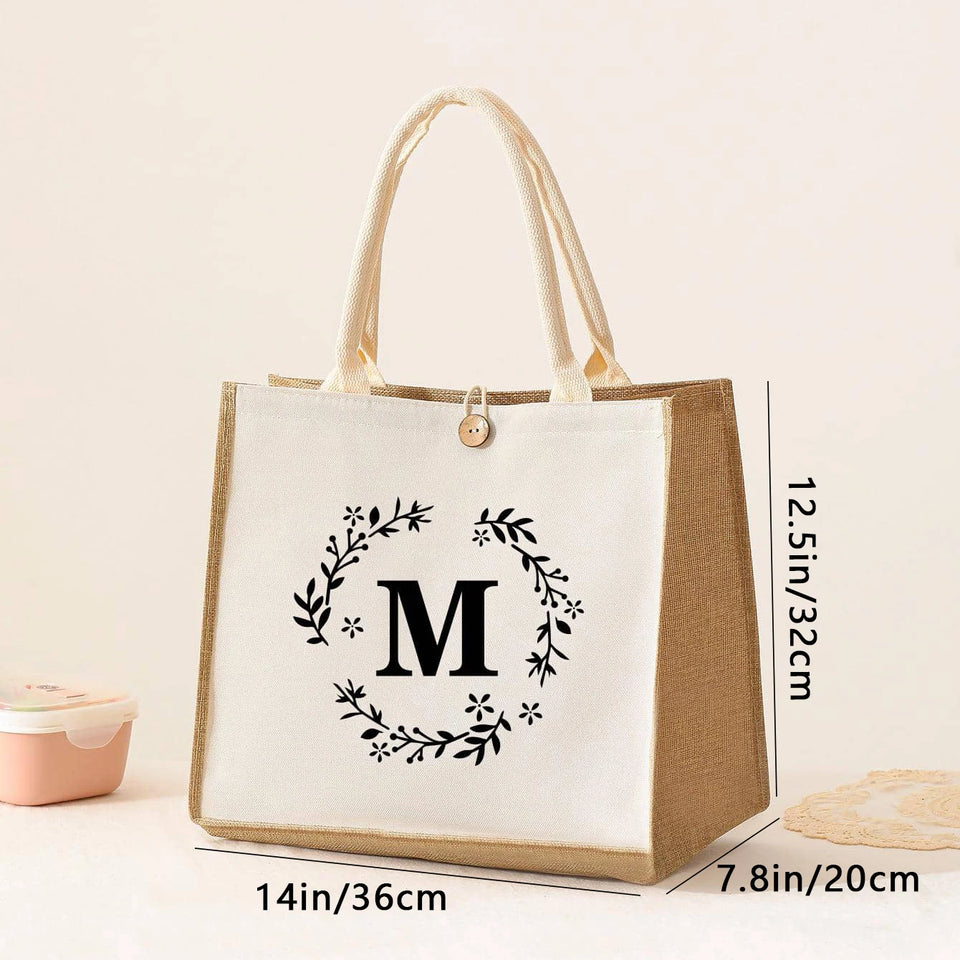 Large Capacity Ladies Tote Bag, Letter Printing Faux Linen Button Handbag, Portable Travel Storage Travel Bag