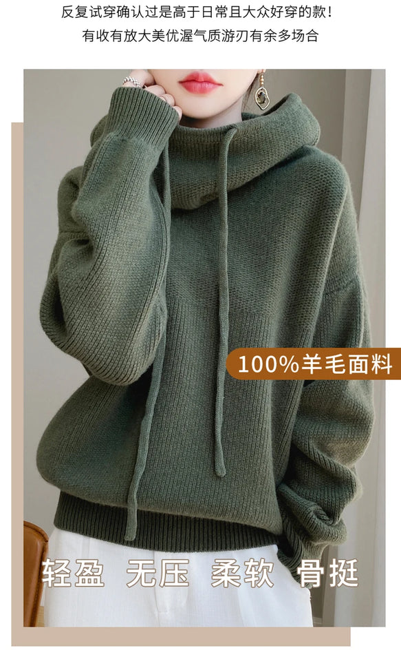 100% Australia Wool Women's Hooded Sweater Long Sleeve Pullovers New Arrivals Knitted Jumper Cashmere New In Sweatshirts Fashion