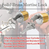 2Pcs Brass Mortise Cylinder Locks with 2 SC1 Keyway Keys fit Standard Commercial Door Replacement Lock (1 1/8" Inch)