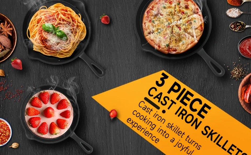 3PCS Pre-Seasoned Cast Iron Skillet Set, Pans for Oven Grill Campfire, Durable Cookware for Home Outdoor Cooking
