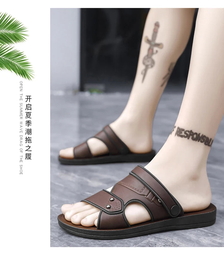 Summer Men's Sandals Leisure Beach Shoes Male Holiday Slippers Outdoor Retro Comfortable Casual Sandals leather Men Slippers