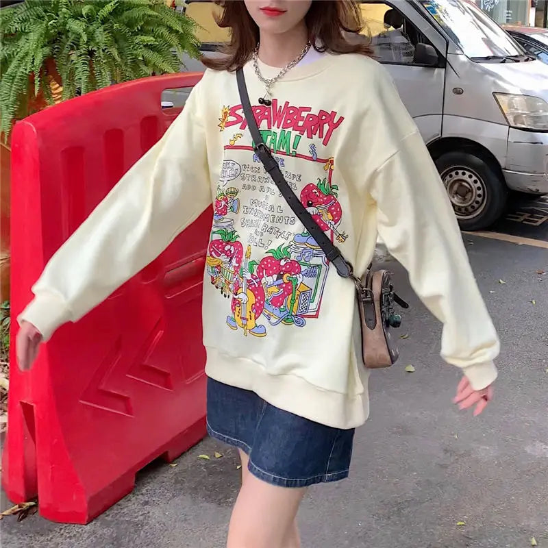 Harajuku Retro Top Strawberry Print Sweatshirt  Women Loose Streetwear Sweatshirts American  Oversized Pullovers