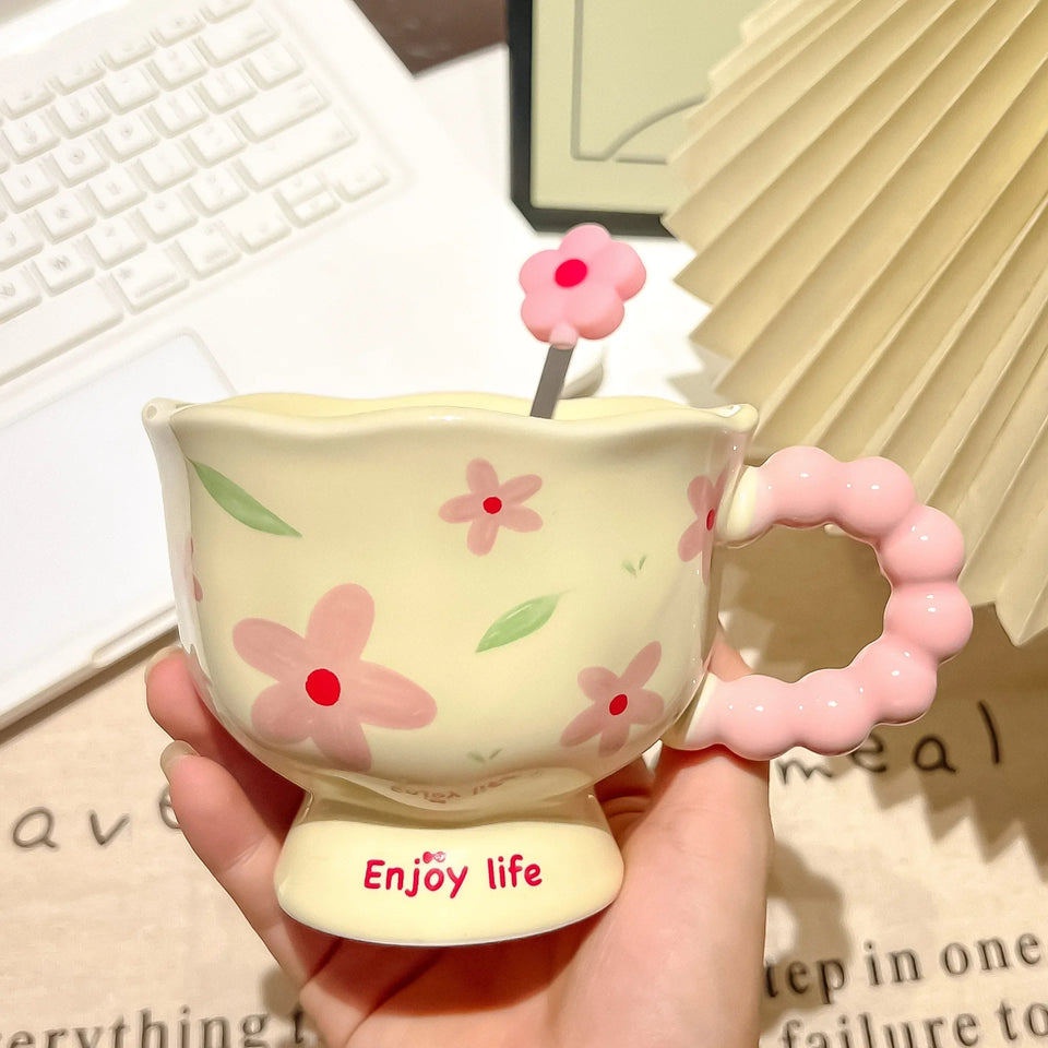 Girls Souvenir Coffee Mug Household Ceramic Cup High Quality Cup Mugs Coffee Miilk Cups Water Cup Birthday Gift Creative Flower