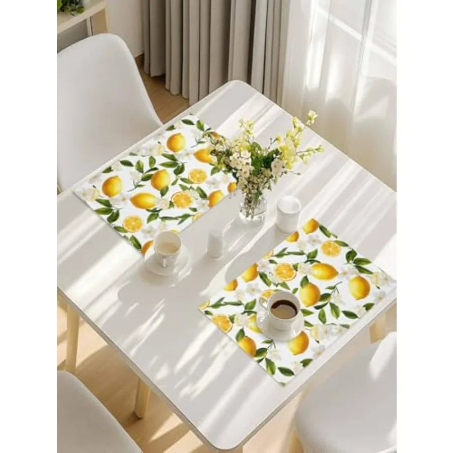 Table Placemats Set of 4 Country Watercolor Lemon Leaf Wipeable Place Mats for Dining Tables Summer White Wildflower Washable T